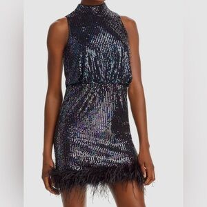 Eliza J Women's Feather-Trim Sequin Mock-Neck Dress Size 8 NWT